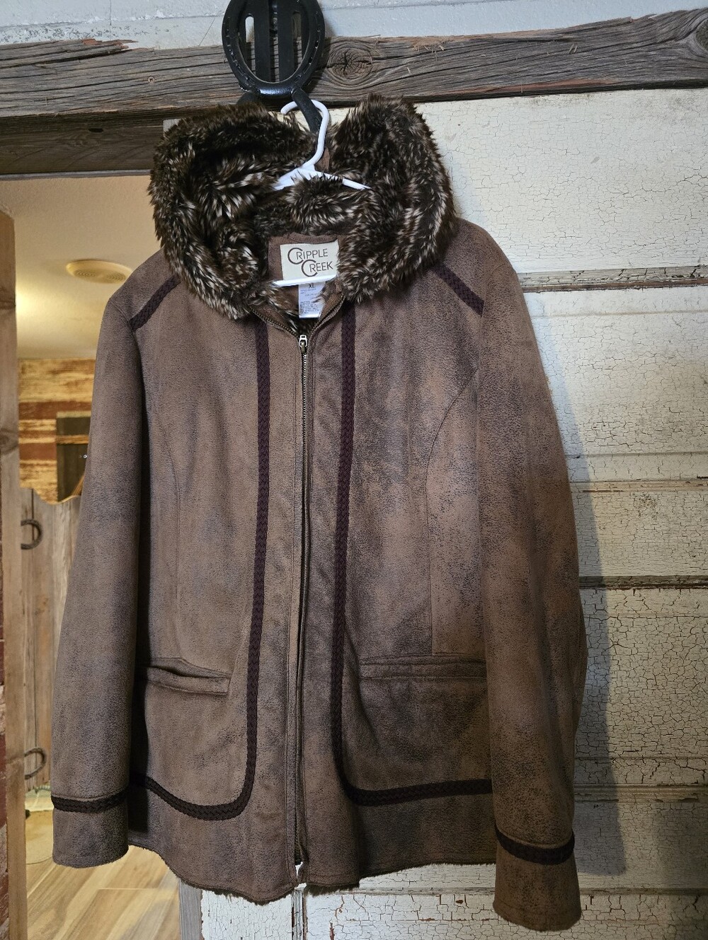 Cripple Creek Brown Faux-Suede Hooded Jacket Coat with Faux-Fur Trim Like New XL